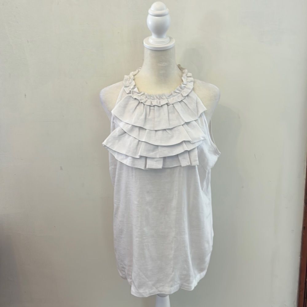 Marina Luna white linen ruffle front sleeveless blouse Size M